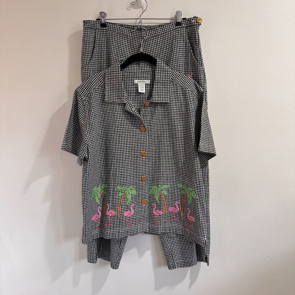 Vintage Outfit Set Shirt Pants XL Linen Cotton Gingham Flamingo Palm Trees Black